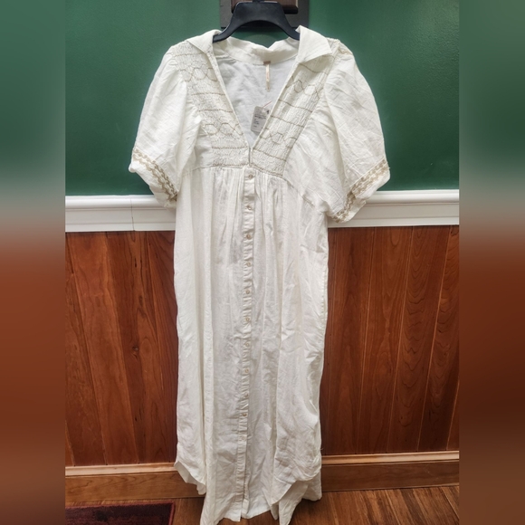FREE PEOPLE Ivory Samantha Embroidered Maxi Cotton Shirt-Dress Billowy Sleeve L - Picture 4 of 11